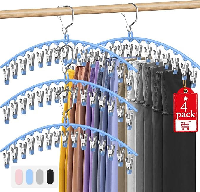Upgrade Skirt Pants Hangers with Clips, Metal Legging Organizer for Closet with 15 Cilps Holds 60 Leggings/Shorts/Jeans/Skirts Pants Hangers Space Saving Closet Organizers and Storage, Blue 4Pack