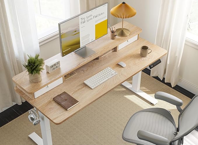 FEZIBO 55 x 24 Inch Height Adjustable Electric Standing Desk with Double Drawer, Computer Desk, Home Office Stand Up Table with 4 Height-Adjustable Feets & 2 Hooks, Maple