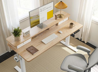 FEZIBO 55 x 24 Inch Height Adjustable Electric Standing Desk with Double Drawer, Computer Desk, Home Office Stand Up Table with 4 Height-Adjustable Feets & 2 Hooks, Maple