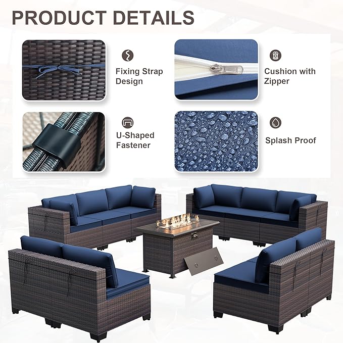 Kurapika 11 Pieces Patio Furniture Set, Rattan Wicker Outdoor Conversation Sets w/43in Propane Fire Pit Table and 4 Inch Cushion(Navy Blue)