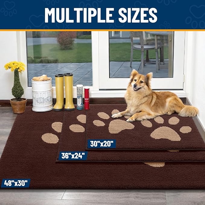 Smiry Dog Door Mat for Muddy Paws, Absorbs Moisture and Dirt, Low-Profile Entryway Mat with Non-Slip Backing, Entry Indoor Outdoor Doormat for Inside Floor (47x24 Inches, Brown, Paw)