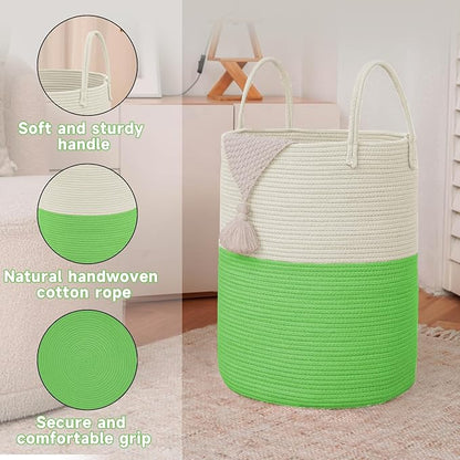 Large Woven Laundry Basket Hamper,60L Cotton Rope Storage Bin for Blankets,Toys and Clothes,Decorative Tall Nursery Hamper for Living Room,Baby Nursery,Bathroom and Bedroom,Light Green