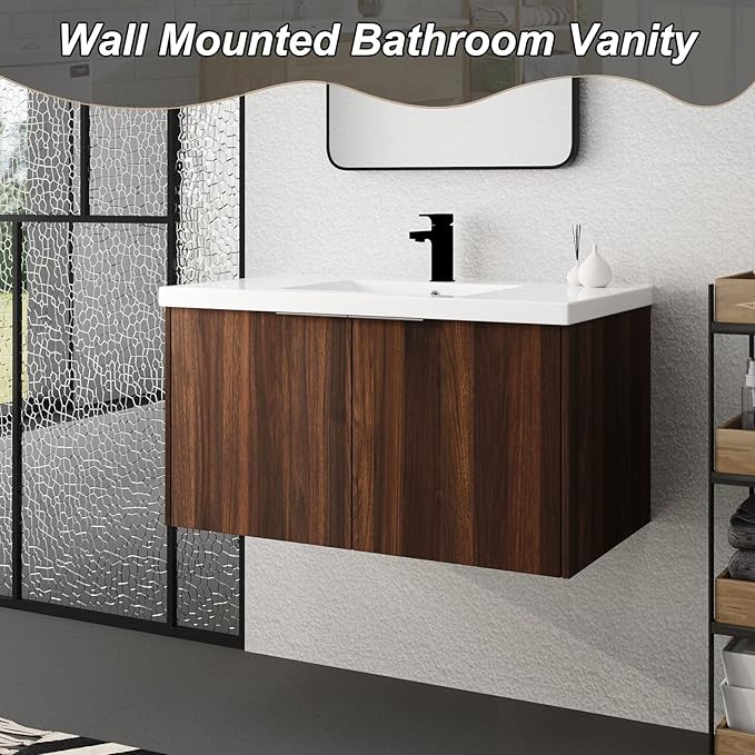 Goujxcy 36" Wall Mounted Bathroom Vanity with Sink, Modern Floating Bathroom Cabinet with White Resin Wash Basin & Storage Cabinet, Soft-Close Door Wood Hanging Bath Room Cabinet