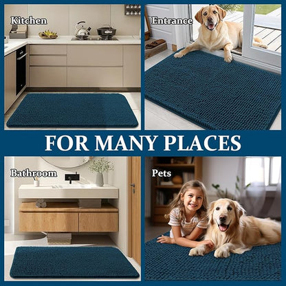 OLANLY Dog Door Mat for Muddy Paws 70x32, Absorbs Moisture and Dirt, Absorbent Non-Slip Washable Doormat, Quick Dry Chenille Mud Mat, Entry Indoor Entryway Carpet for Inside Floor, Atlantic Blue