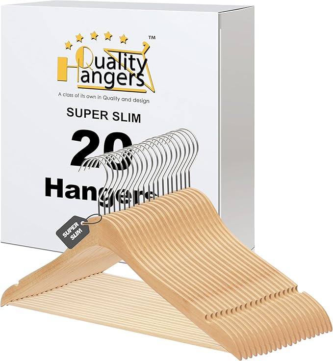 Quality Hangers 16.5" Wooden Hangers Multi Pack, Ultra Thin Space Saving Natural, 360 Degree Swivel Hook, Best for Shirts, Blouses, Pant, Suit, Coat, Dress Hangers Natural (20, Natural, With Pant Bar)