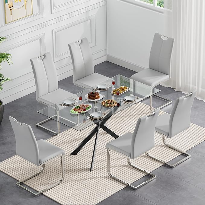 Modern Glass Dining Table Set for 6, Black Glass Kitchen Table and Chairs Set of 6, 7 Piece Dining Room Table Set with 61" Rectangular Metal Glass Dinner Table and 6 Grey Leather Dining Chairs