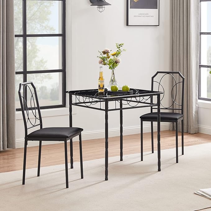 VECELO 3 Piece Dining Table Set for 2, Dinette with Chairs for Kitchen, Breakfast Nook, Small Space,Easy Assembly