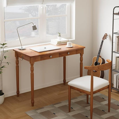 40 Inch Mid Century Modern Desk - Rubber Wood Desk with Drawers, Writing Desks with Drawers, Mid Century Desks for Bedroom, Living Room & Office, Walnut Color