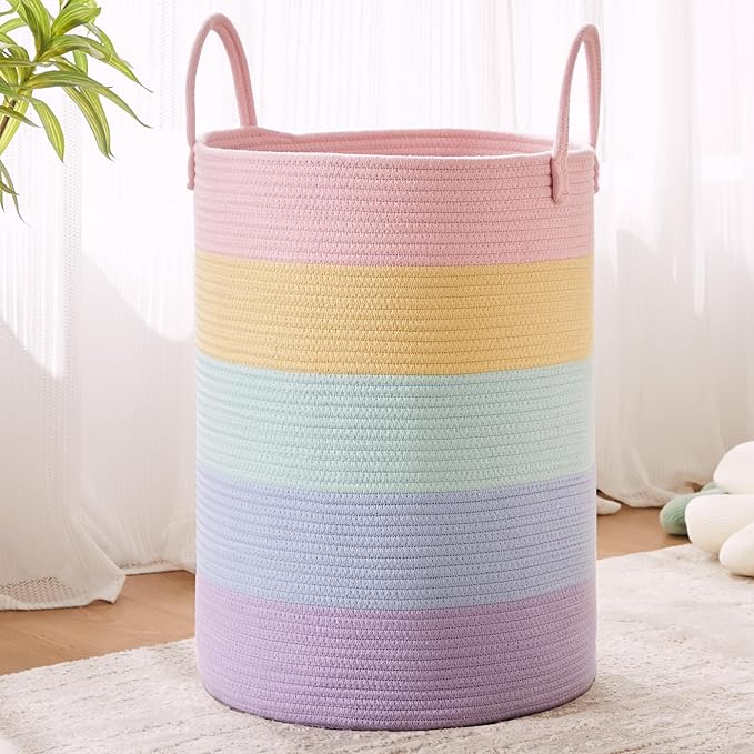 80L Extra Large Rainbow Baby Girls Hamper Laundry Basket for Kids Nursery Pastel Tall Blanket Basket for Toy Woven Rope Unicorn Clothes Hamper in Living Room Playroom Bedroom