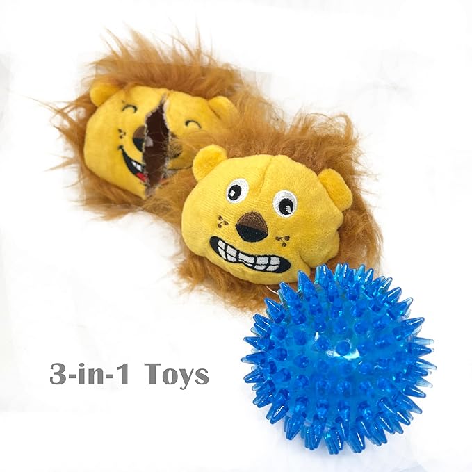 Jalousie 3 in 1 Dog Squeaky Toy, Three Dog Toys in One for Aggressive Chewers - Interactive Chew Toy for Medium Dogs, Large Breeds and Small Breeds - Squeaky Spiky TPR Ball Inside (Lion N' Piggy)