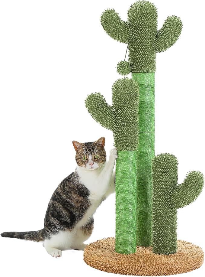 PAWZ Road Cat Scratching Post Cactus Cat Scratcher Featuring with 3 Scratching Poles and Interactive Dangling Ball - 35 Inches