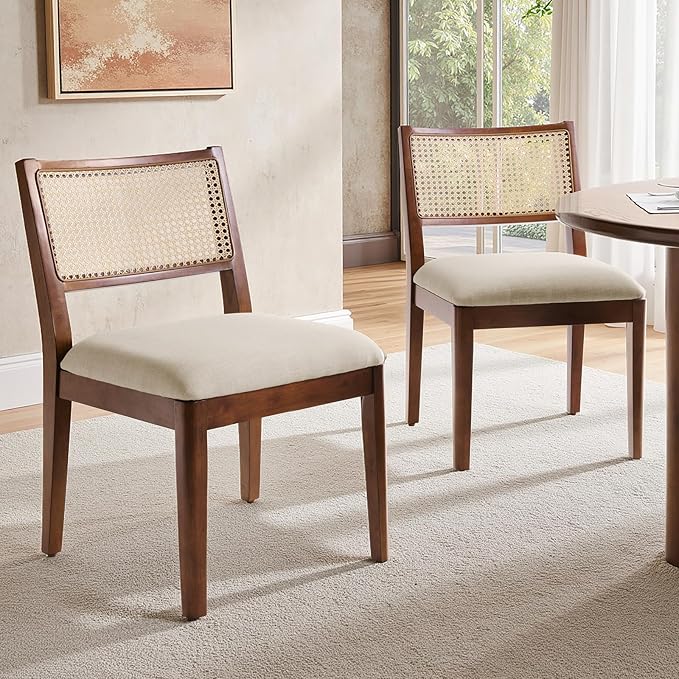 HULALA HOME Rattan Dining Chairs Set of 2, French Solid Wood Kitchen Dining Room Chairs with Curved Back, Upholstered Accent Dinner Cane Chair for Living Room Restaurant, Walnut