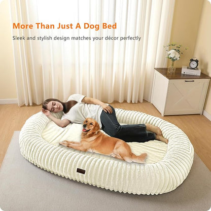Human Dog Bed for Adult, Orthopedic Gel Memory Foam, 71"x47"x9" | Human Dog Bed Fits Adult & Pets, Reversible Egg-Crate Foam Cushion, Washable Pet Bed with Blanket, Beige
