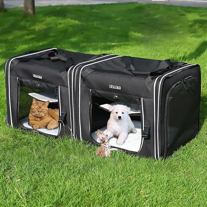 Petskd Portable Double Cat Carrier with Litter Box for Multiple Cats 2in1 Car Travel Carriers 36x17x17in Dual Large Cat Carrier with Safety Locking Zippers for Long Distance Travel