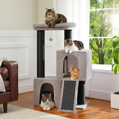 MUTTROS Heavy Duty Cat Tree for Indoor Cats Adult, 45-Inch Cat Tower with Sisal Scratching Ramp, 2 Cat Condo for Extra Large Cats, Big Top Perch, 3 Thick Black Scratching Posts (φ4.3) -Gray