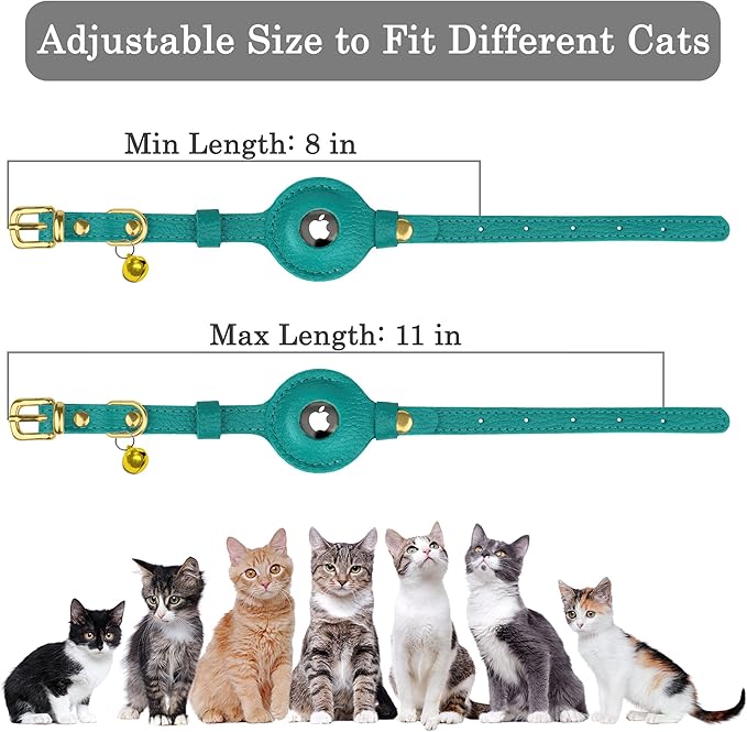OOPSDOGGY Leather AirTag Cat Collar with Bell - Non Breakaway Kitten Collar with Apple Air Tag Holder - Lightweight GPS Pet Collars for Girl Boy Cats, Small Dogs, Puppies (Aquamarine)