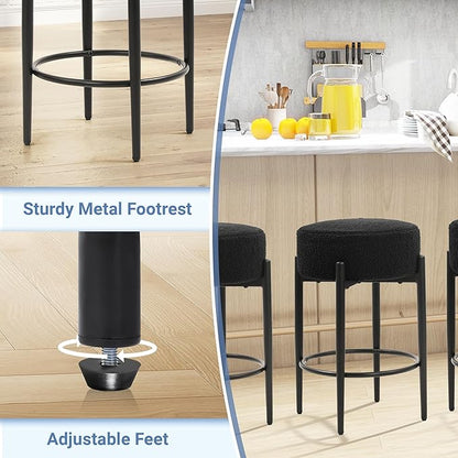 Counter Height Bar Stools, Set of 4, 24" Modern Backless Bar Stools, Ideal for Kitchen Counter, Kitchen Island, Boucle Sherpa Padded Cover, with Round Soft Seat and Foot Rest, Black