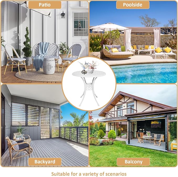 30.7" Cast Aluminum Round Patio Table,Metal Patio Dining Table with Umbrella Hole,All Weather Outdoor Bistro Dining Table for Backyard, Garden, Balcony, White