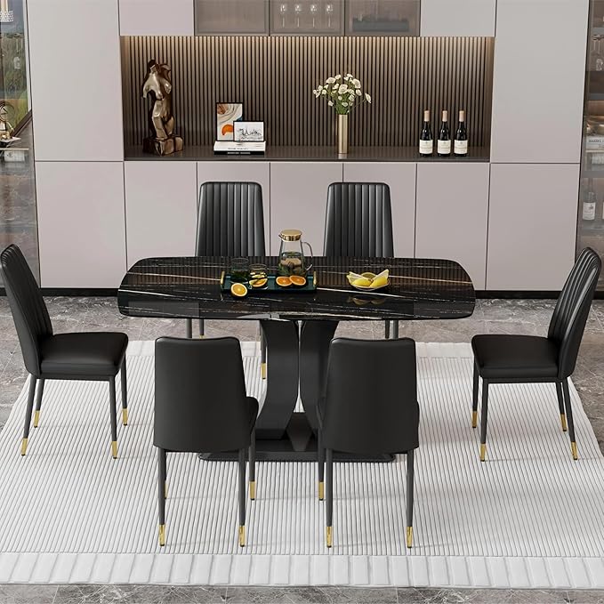 Modern Dining Table Set for 6, Marble Kitchen Table Chair Set for 6, Rectangular Kitchen Table with 6 Pu Leather Upholstered Chair for Dining Room (Black)