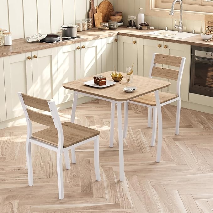GAOMON Dining Table Set for 2, 3 Piece Small Kitchen Table and 2 Chairs with Metal Frame & Wood Grain Tabletop, Space-Saving for Small Space, Apartment, Kitchen, Dining Room, White/Natural