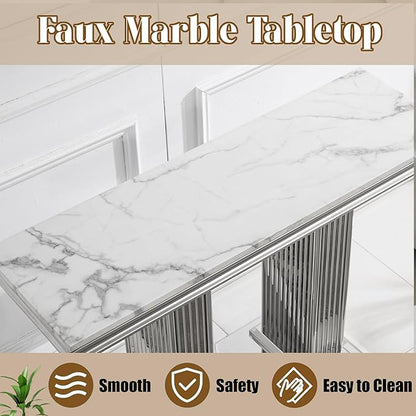 47" Marble Console Table, Modern Entryway Table with Pillar Stainless Steel Base, Rectangle Faux Marble Sofa Table for Living Room, Hallway, Foyer, White Silver
