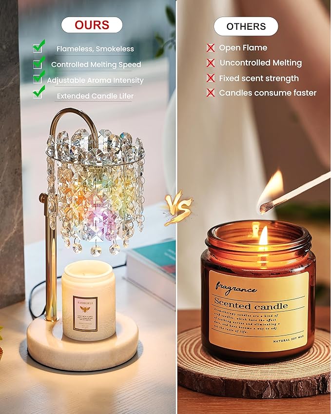 Candle Warmer Lamp with Timer & Dimmable Crystals Candle Lamp Warmer with RGB Mode, Adjustable Height Electric Candle Warmer with 3 Bulbs for Women Mom House Warming Gifts New Home Room Decor