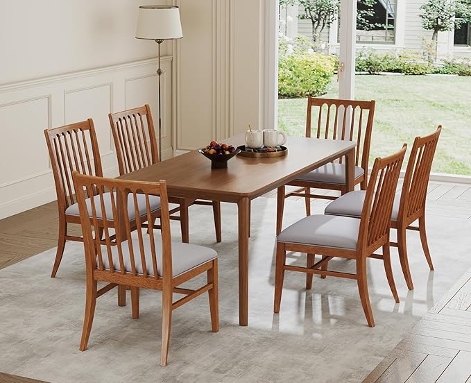chairus Upholstered Dining Chairs Set of 6, Natural Wooden Barrel Kitchen Chairs with Slat Back Double-Layer Cushion Farmhouse Accent Chairs for Dining Room/Living Room/Restaurant, Chenille Grey