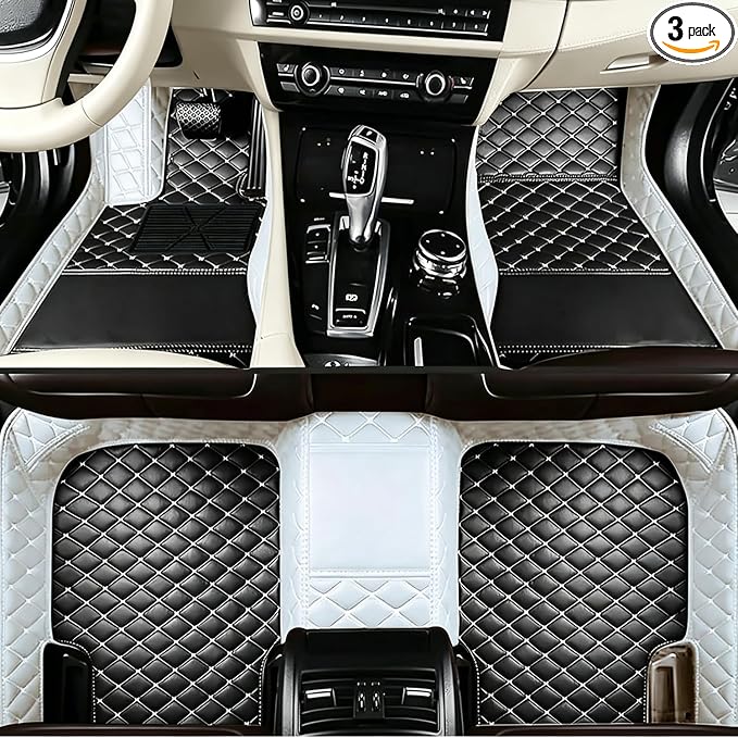 Customizable Text & Picture Car Floor Mats, Upload Any Image or Message, Unique Leather Gift Set Compatible with car Lovers, Fit SUV Sedan(White+Black)