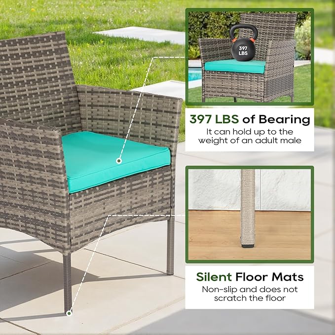 FDW | 3-Piece Patio Furniture Set | Gray & Blue | Outdoor Wicker Furniture with Coffee Table | Modern Rattan Chairs Conversation Set | Outdoor Seating | Weather-Resistant | for Porch, Garden, Lawn