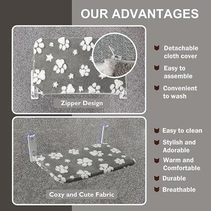 Cat Window Perch, Foldable Cat Window Hammock with Cute 3D Textured Paw Cover and Strong Suction Cups, Cordless Window Seat Bed for Indoor Cats (Grey, Large)