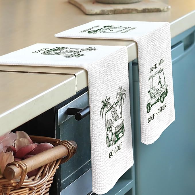 Golf Dog Kitchen Towels - Golden Retriever Dish Towels, Sports Gifts, Pet Golf Club Decorative Absorbent Dishcloths Hand Towels Set of 2 for Gym Spa Kitchen Decor 16x24 Inches
