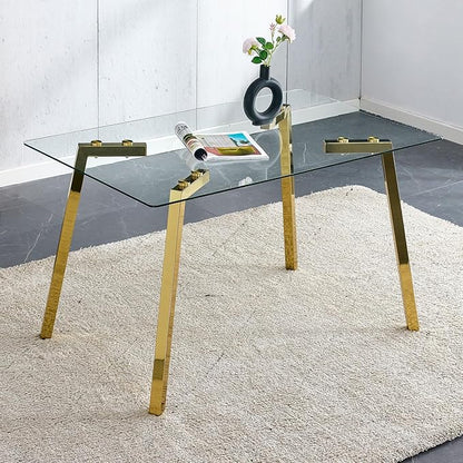 Dining Table Set of 4,51" Rectangle Tempered Glass Top with Golden Chrome Legs,Kitchen Room Table with 4 Grey Faux Leather Chairs,Dinner Table Set for Dining Room Office