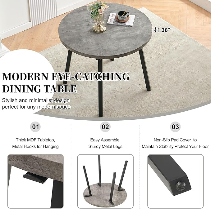 5-Piece Round Table Set for 4, 37.4" Grey Round Table with Hooks, Solid MDF Tabletop, Industrial Kitchen Table with Dark Grey PU Dining Chairs for Living Room, Dining Room