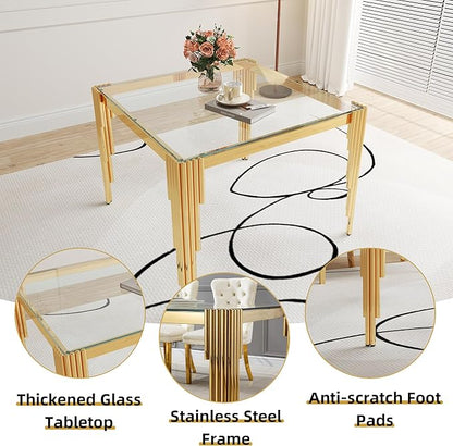 5 Piece Glass Dining Table Set, 35" Square Glass Kitchen Table with 4 White Velvet Upholstered Chairs, Gold Dining Table for 4 with Chairs Set for Kitchen, Living Room
