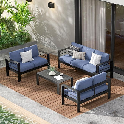 Wisteria Lane Aluminum Outdoor Patio Furniture Set, Modern Patio Conversation Sets, Outdoor Sectional Metal Sofa with 5 Inch Cushion and Coffee Table for Balcony, Garden, Black Frame & Blue Cushion