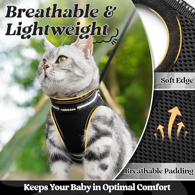 rabbitgoo Cat Harness and Leash Set for Walking Escape Proof, Adjustable Soft Kittens Vest with Reflective Strip for Cats, Comfortable Outdoor Vest, Black, M