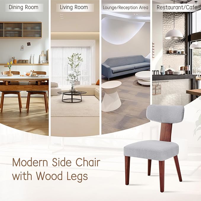 Dining Chairs Set of 4, Mid-Century Modern Upholstered Kitchen Chairs with Curved Backrest and Linen Fabric Seat, Wood Leg Accent Chairs for Dining Room, Living Room, Bedroom, Grey