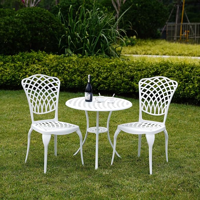 3 Piece Outdoor Bistro Set, Cast Aluminum Outdoor Bistro Table and Chairs Set of 2, Rust-Resistant Patio Furniture Set, White Bistro Set 3 Piece Outdoor for Garden, Backyard, Balcony