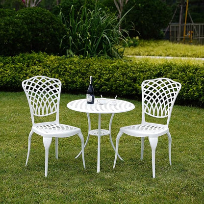3 Piece Outdoor Bistro Set, Cast Aluminum Outdoor Bistro Table and Chairs Set of 2, Rust-Resistant Patio Furniture Set, White Bistro Set 3 Piece Outdoor for Garden, Backyard, Balcony