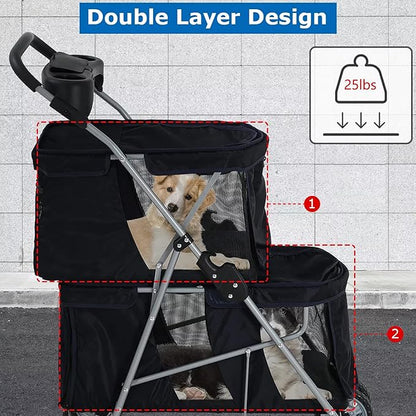 Double Layer Dog Strollers for 2 Small Dogs, 4 Wheels Pet Stroller for Cats/Dogs, Folding Double Decker Jogger Stroller with Removable Liner/Storage Basket/Rear Wheel Break