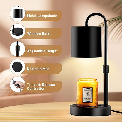 Briever Dimmable Candle Warmer Lamp with Timer, Height Adjustable Electric Candle Wax Warmer, Christmas Birthday Gifts for Women Mom, House Warming Gifts New Home Room Decor, Black Solid Wood Base