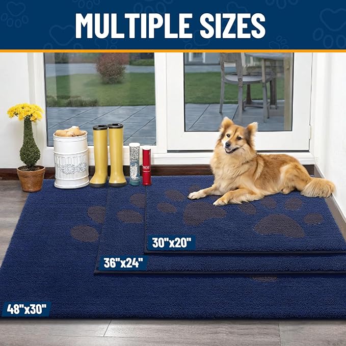 Smiry Dog Door Mat for Muddy Paws, Absorbs Moisture and Dirt, Low-Profile Entryway Mat with Non-Slip Backing, Entry Indoor Outdoor Doormat for Inside Floor (36x24 Inches, Navy Blue, Paw)