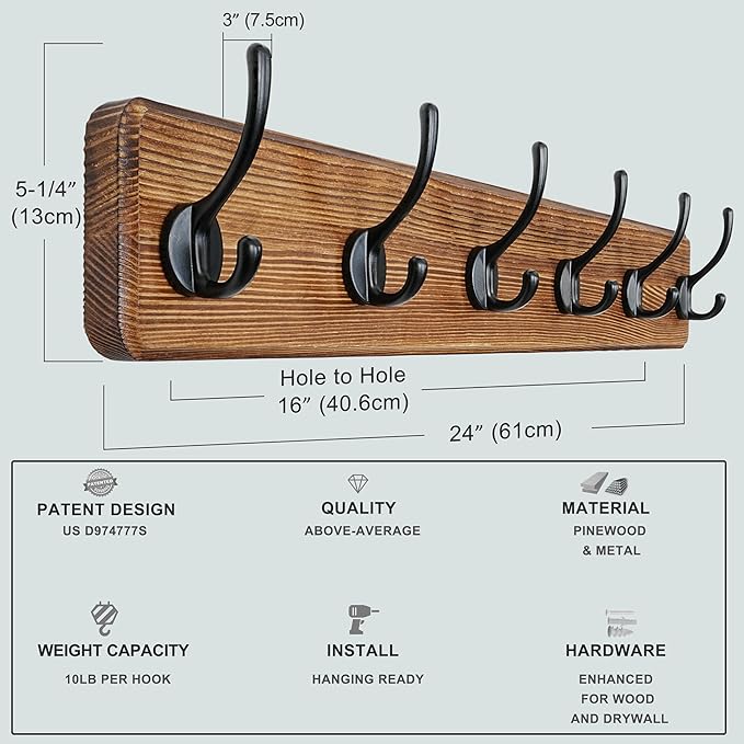 Dseap Coat Rack Wall: 24" Long, Patented, Heavy-Duty, 6-Double-Hooks Wooden Wall Mounted Coat Rack Coat Hanger Hook Rail for Winter Coats Hat Jacket Clothing, Natural & Black