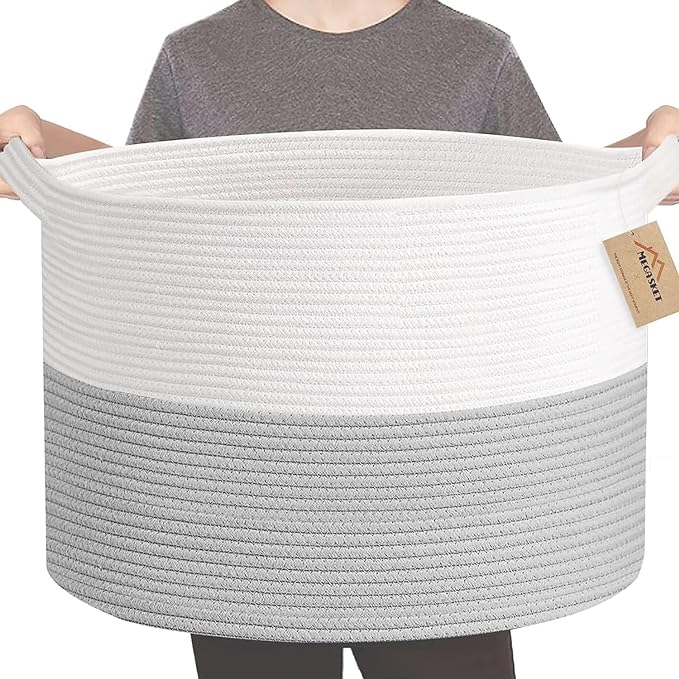 XXXL Large Cotton Rope Storage Bin, 22" X 14" Basket for Blankets Living Room, Woven Baby Kids Toy Storage Bin Box, Giant Throw Pillow Organizer Holder, Large Wicker Basket for Shoes, Gray