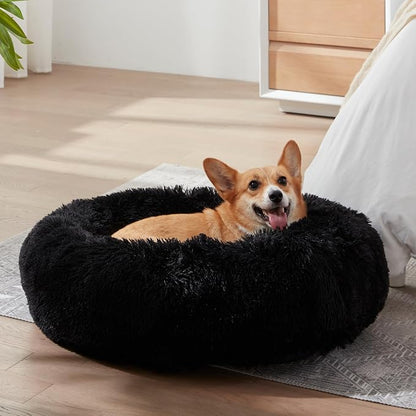 Western Home Calming Donut Small Dog Cat Bed Washable Puppy Bed,24" Black | Fluffy Faux Fur Round Cuddler,Anti-Anxiety,Anti-Slip Bottom,Pet Beds for Puppy&Small Dogs&Large Cat,Up to 25 LBS