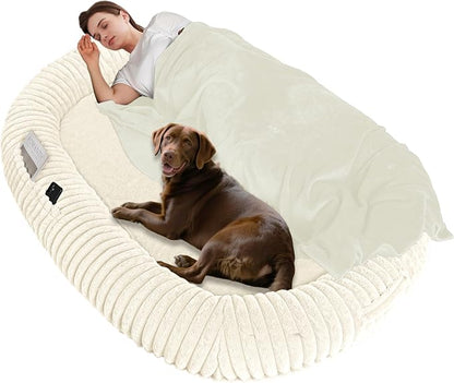 Human Dog Bed for Adult, Orthopedic Gel Memory Foam, 71"x47"x9" | Human Dog Bed Fits Adult & Pets, Reversible Egg-Crate Foam Cushion, Washable Pet Bed with Blanket, Beige