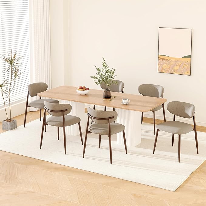 Dining Chairs Set of 6, Upholstered Dining Room Chairs with Metal Legs and Anti Slip Pads, Curved Back Kitchen Chair for Home and Restaurant Use, Camel