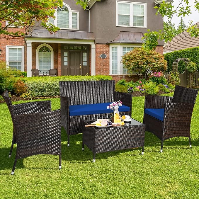 Tangkula 8 PCS Patio Rattan Conversation Set, Outdoor Wicker Furniture Set with Tempered Glass Coffee Table &Thick Cushion, Rattan Chair Wicker Set for Garden, Lawn, Poolside and Backyard (2, Navy)