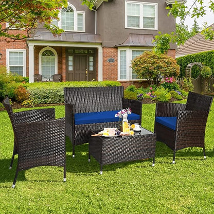 Tangkula 8 PCS Patio Rattan Conversation Set, Outdoor Wicker Furniture Set with Tempered Glass Coffee Table &Thick Cushion, Rattan Chair Wicker Set for Garden, Lawn, Poolside and Backyard (2, Navy)
