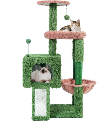 TWDEPART 37.5" All-in-One Cat Tree Tower with Scratching Board & Posts Cozy Sleeping Perch Hammock and Toy Balls, Green